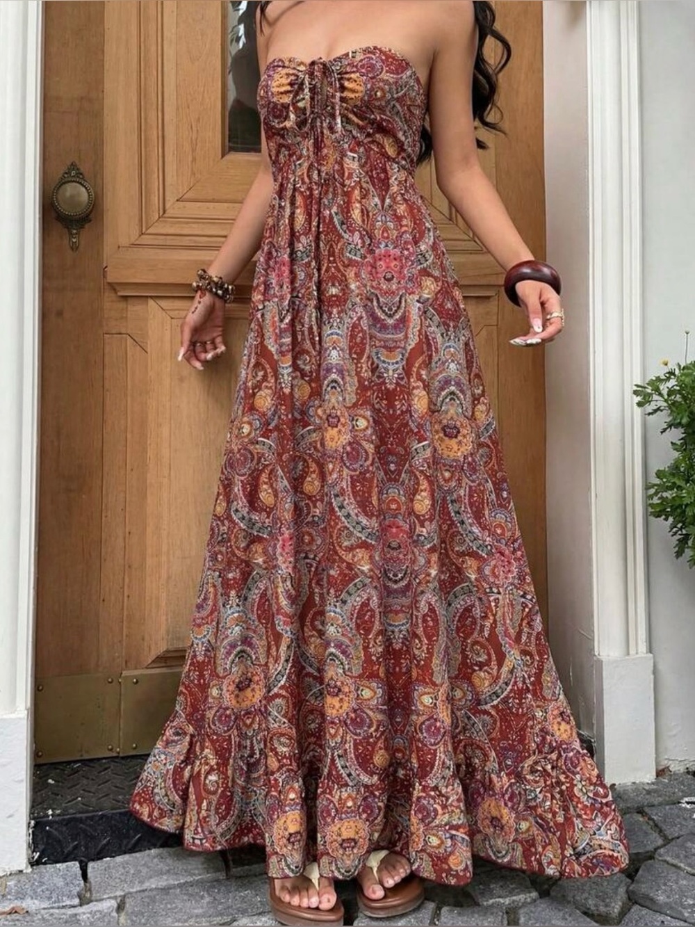 Rust Paisley Strapless Maxi Dress - Boho Summer Style
